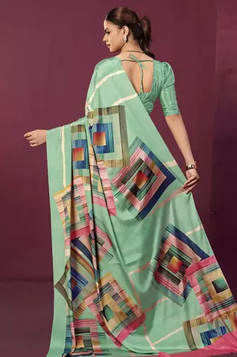 Sea green malai crepe silk blend digital printed ceremonial partywear saree