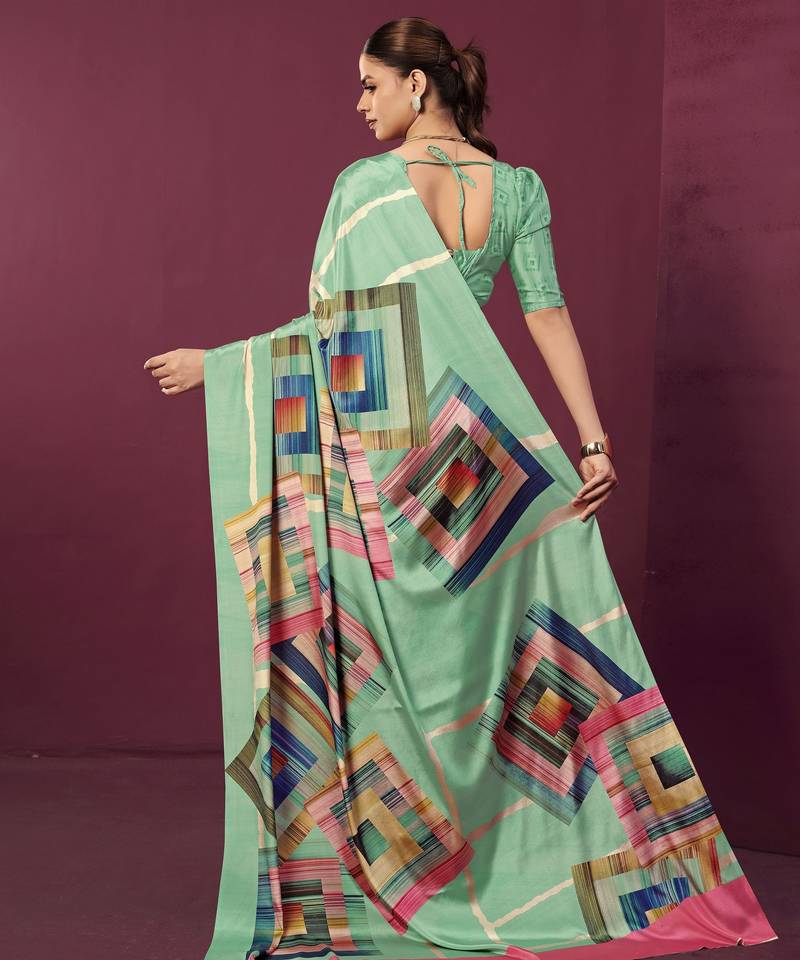 Sea green color malai crepe silk fabric designer digital printed ceremonial partywear saree