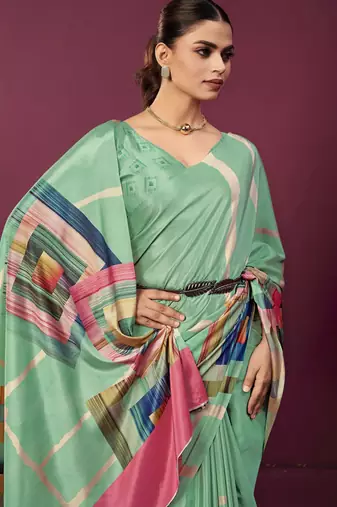 Sea green malai crepe silk blend digital printed ceremonial partywear saree