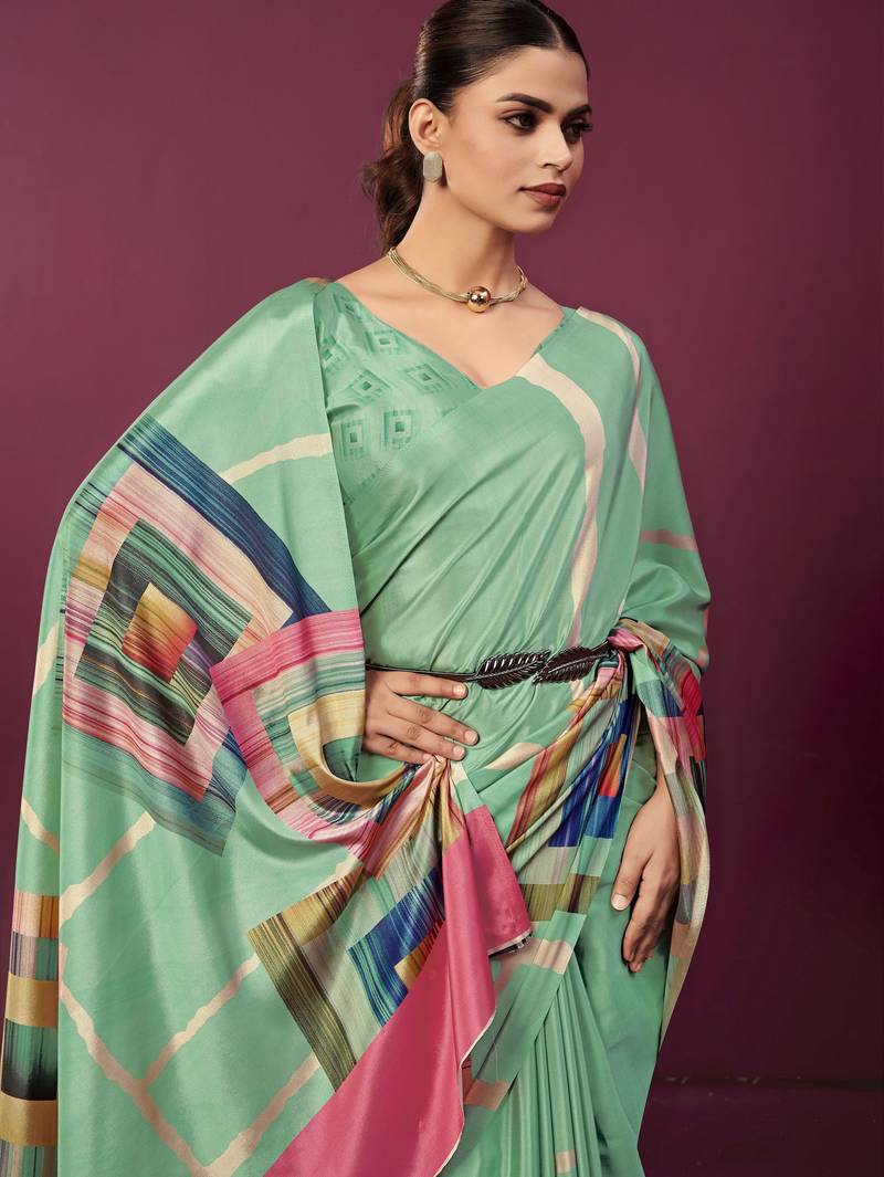 Sea green color malai crepe silk fabric designer digital printed ceremonial partywear saree