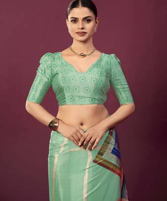 Sea green malai crepe silk blend digital printed ceremonial partywear saree 4