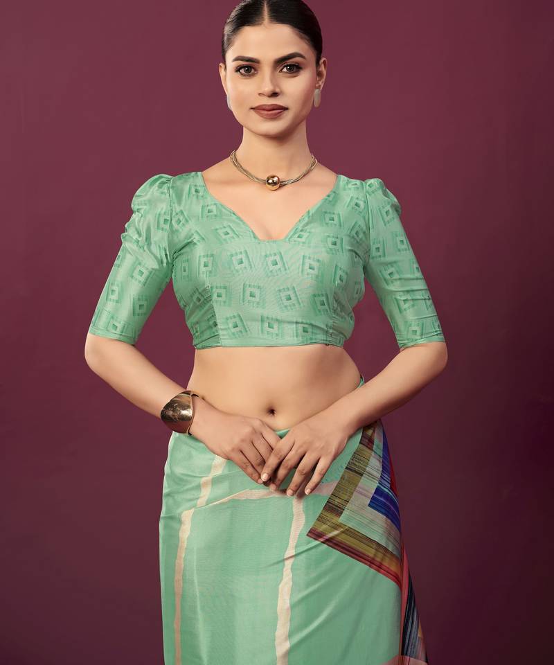 Sea green color malai crepe silk fabric designer digital printed ceremonial partywear saree