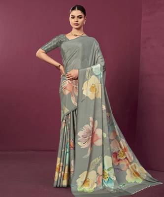 Grey malai crepe silk blend digital printed ceremonial partywear saree 1