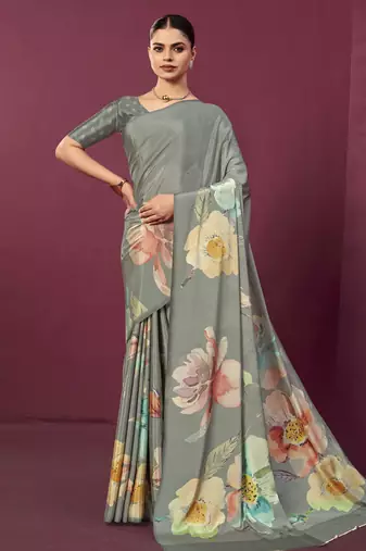 Grey color malai crepe silk fabric designer digital printed ceremonial partywear saree