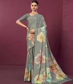 Grey color malai crepe silk fabric digital printed ceremonial partywear saree