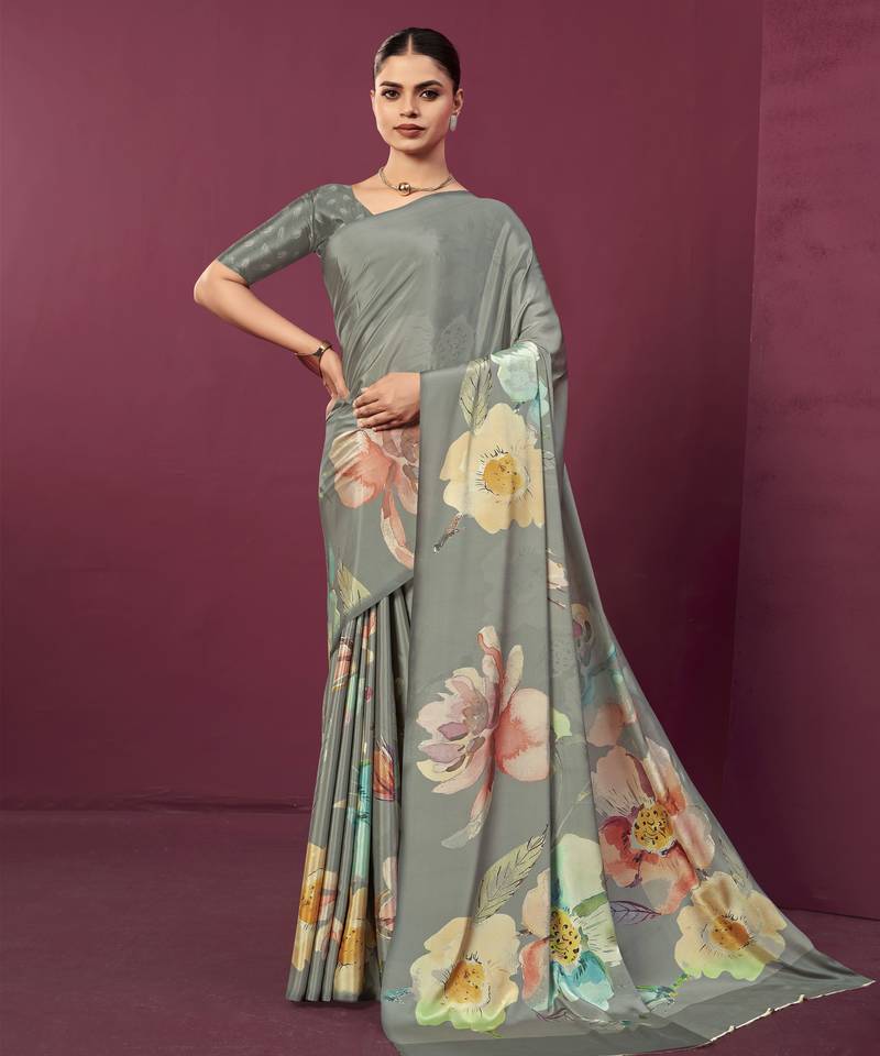 Grey color malai crepe silk fabric designer digital printed ceremonial partywear saree