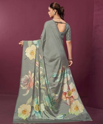 Grey malai crepe silk blend digital printed ceremonial partywear saree 2