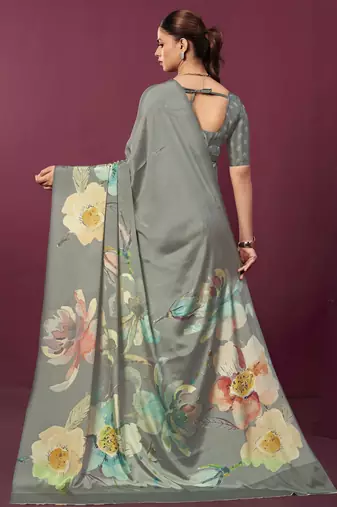 Grey malai crepe silk blend digital printed ceremonial partywear saree