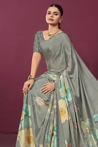 Grey malai crepe silk blend digital printed ceremonial partywear saree