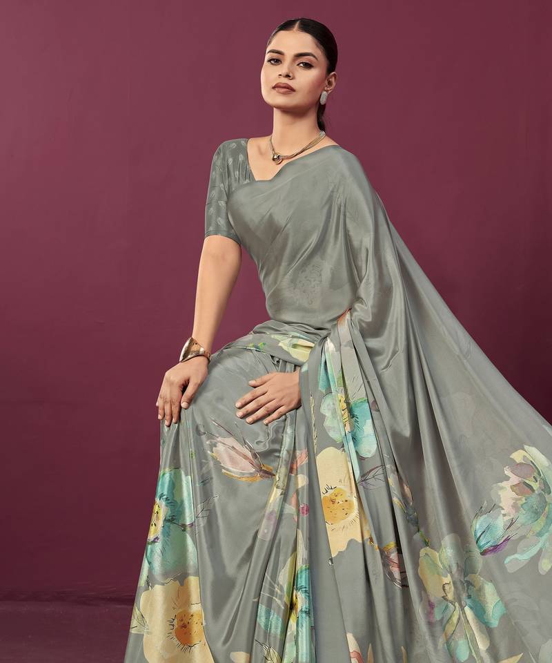 Grey color malai crepe silk fabric designer digital printed ceremonial partywear saree