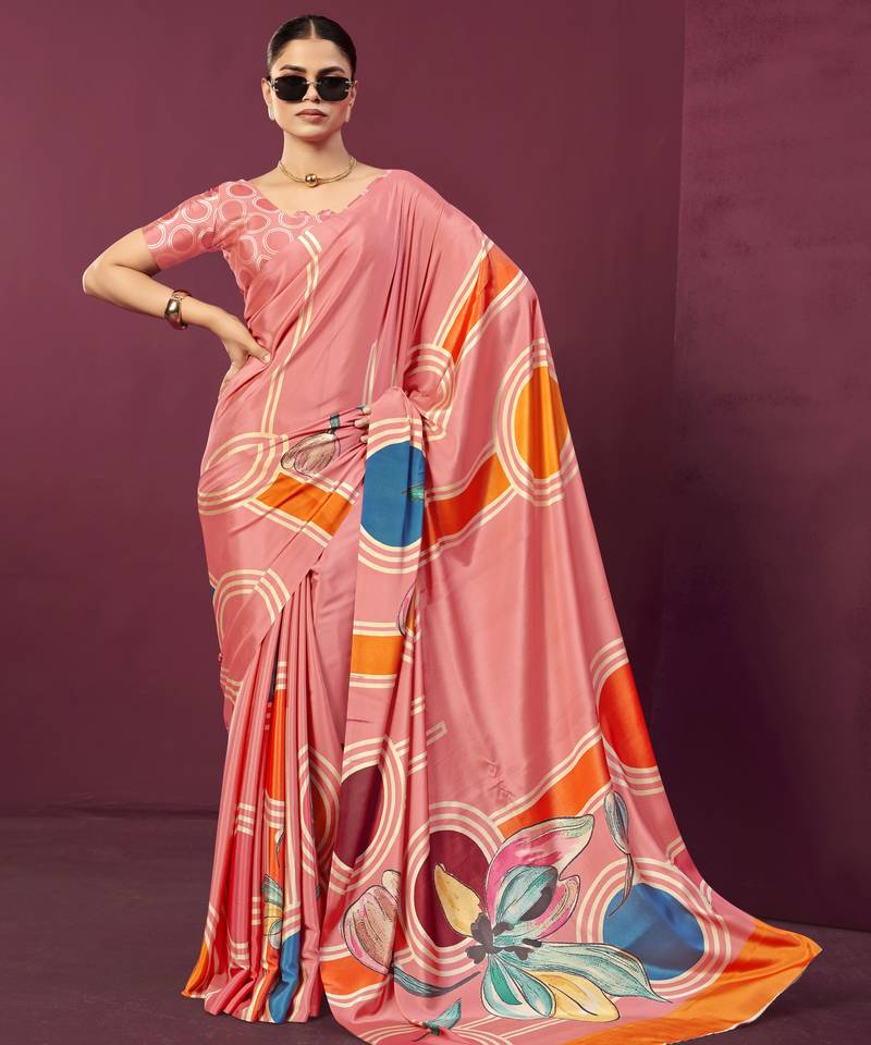 Gajri color malai crepe silk fabric designer digital printed ceremonial partywear saree