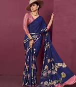 Blue color malai crepe silk fabric digital printed ceremonial partywear saree