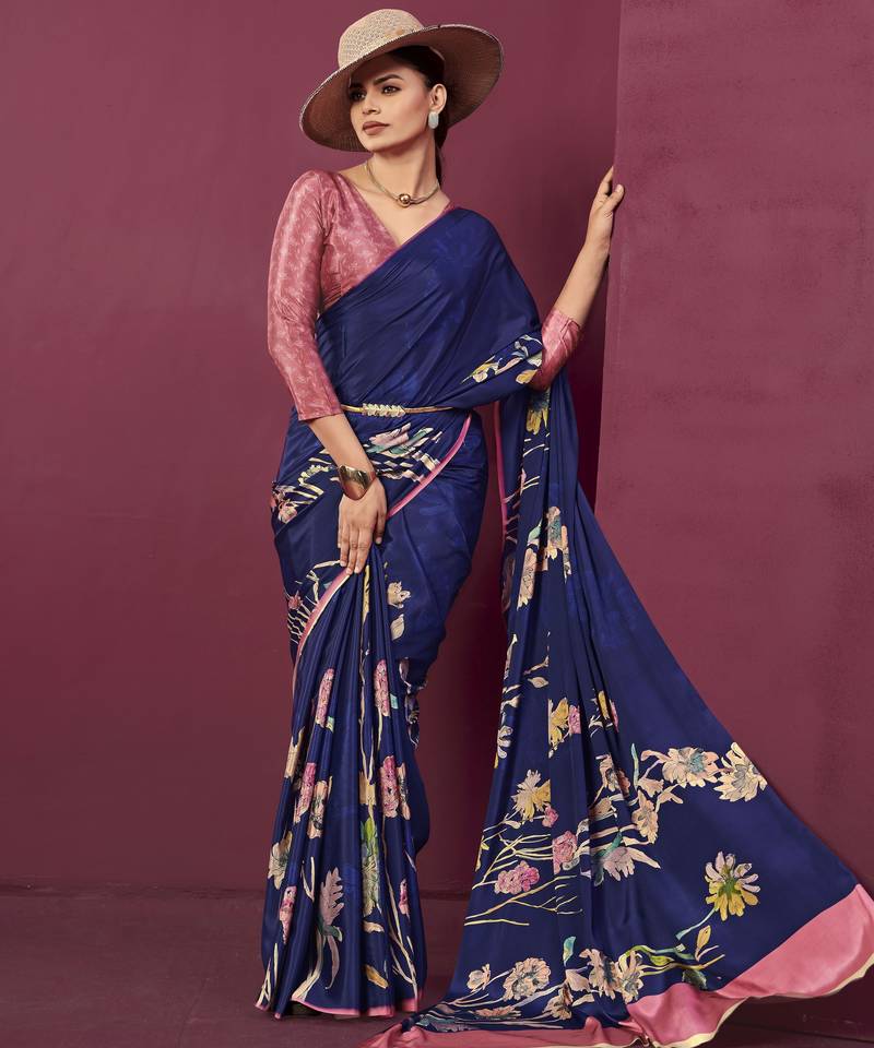 Blue color malai crepe silk fabric designer digital printed ceremonial partywear saree