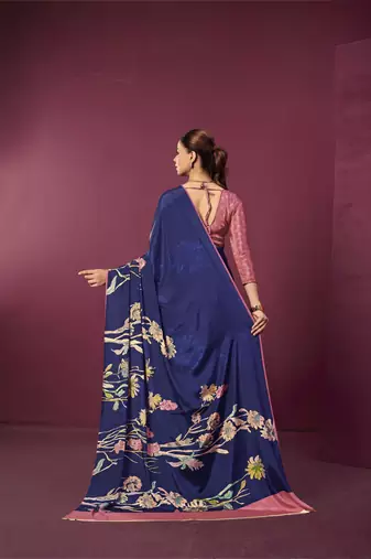 Blue malai crepe silk blend digital printed ceremonial partywear saree