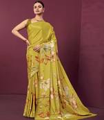 Mustard color malai crepe silk fabric digital printed ceremonial partywear saree