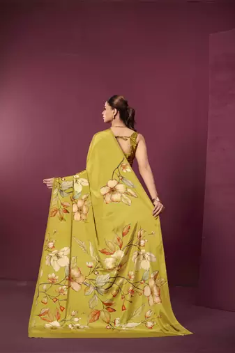 Mustard malai crepe silk blend digital printed ceremonial partywear saree