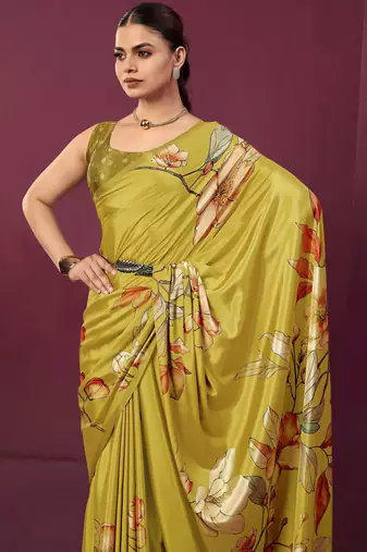 Mustard malai crepe silk blend digital printed ceremonial partywear saree