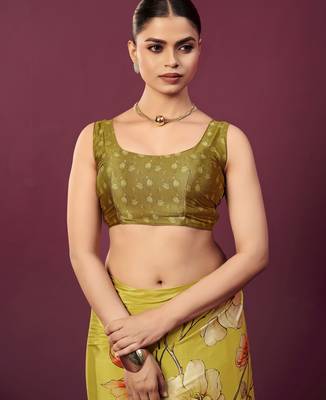 Mustard malai crepe silk blend digital printed ceremonial partywear saree 4