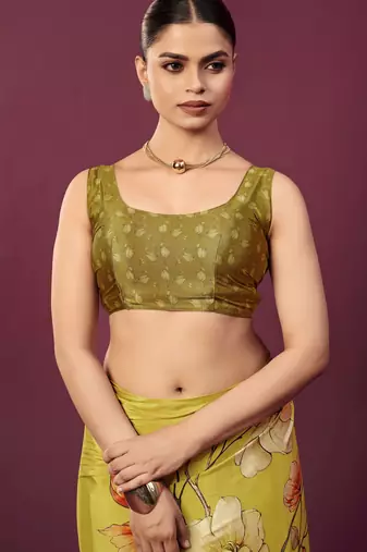Mustard malai crepe silk blend digital printed ceremonial partywear saree