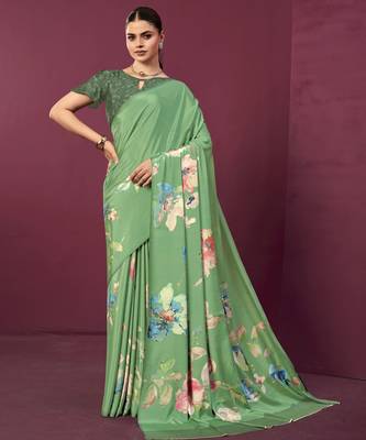 Green malai crepe silk blend digital printed ceremonial partywear saree 1