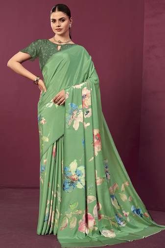 Green color malai crepe silk fabric designer digital printed ceremonial partywear saree