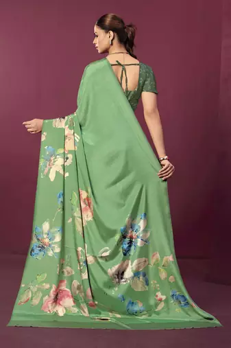 Green malai crepe silk blend digital printed ceremonial partywear saree