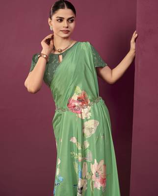 Green malai crepe silk blend digital printed ceremonial partywear saree 3