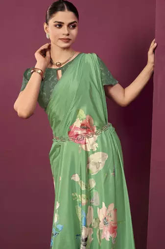 Green malai crepe silk blend digital printed ceremonial partywear saree