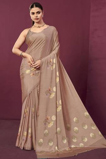 Brown color malai crepe silk fabric designer digital printed ceremonial partywear saree