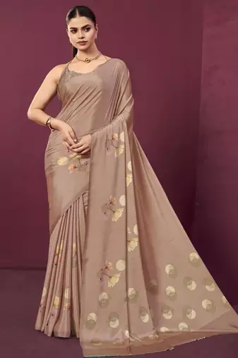 Brown color malai crepe silk fabric designer digital printed ceremonial partywear saree