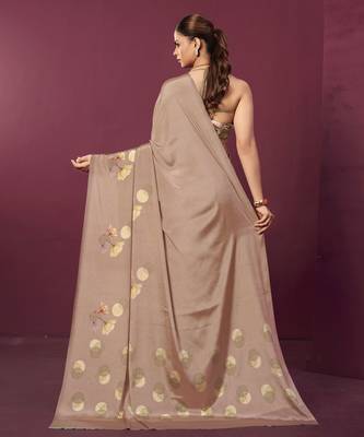 Brown malai crepe silk blend digital printed ceremonial partywear saree 2