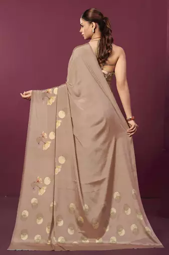 Brown malai crepe silk blend digital printed ceremonial partywear saree