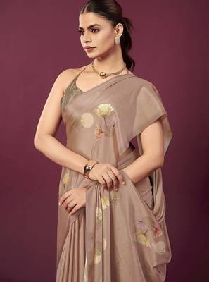 Brown malai crepe silk blend digital printed ceremonial partywear saree 3