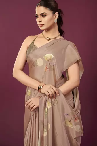 Brown malai crepe silk blend digital printed ceremonial partywear saree