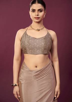Brown malai crepe silk blend digital printed ceremonial partywear saree 4