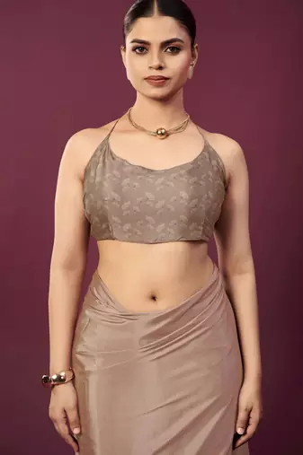 Brown malai crepe silk blend digital printed ceremonial partywear saree