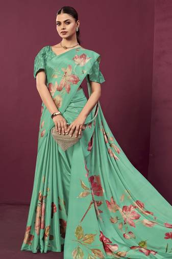 Sea green color malai crepe silk fabric designer digital printed ceremonial partywear saree