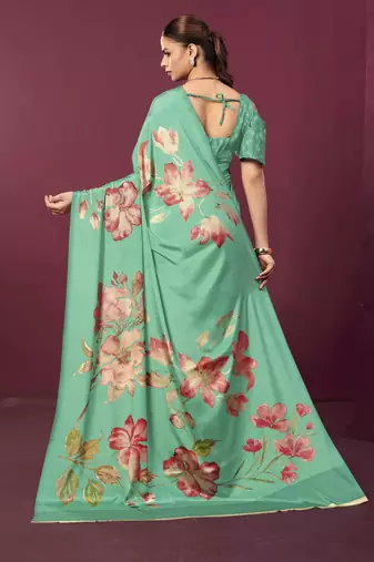 Sea green malai crepe silk blend digital printed ceremonial partywear saree