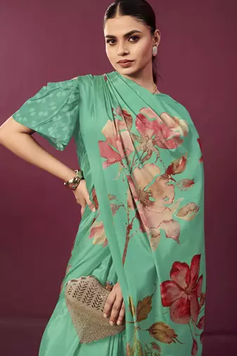 Sea green malai crepe silk blend digital printed ceremonial partywear saree
