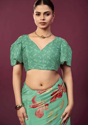 Sea green malai crepe silk blend digital printed ceremonial partywear saree 4