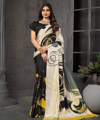 Black malai crepe silk blend digital printed fancy partywear saree 1