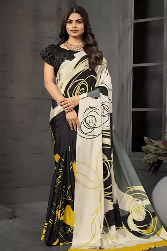 Black color malai crepe silk fabric designer digital printed beautiful fancy partywear saree