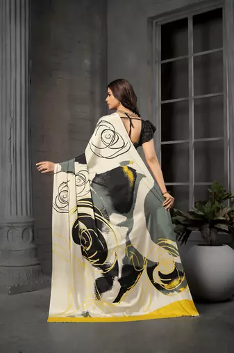 Black malai crepe silk blend digital printed fancy partywear saree
