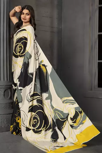 Black malai crepe silk blend digital printed fancy partywear saree