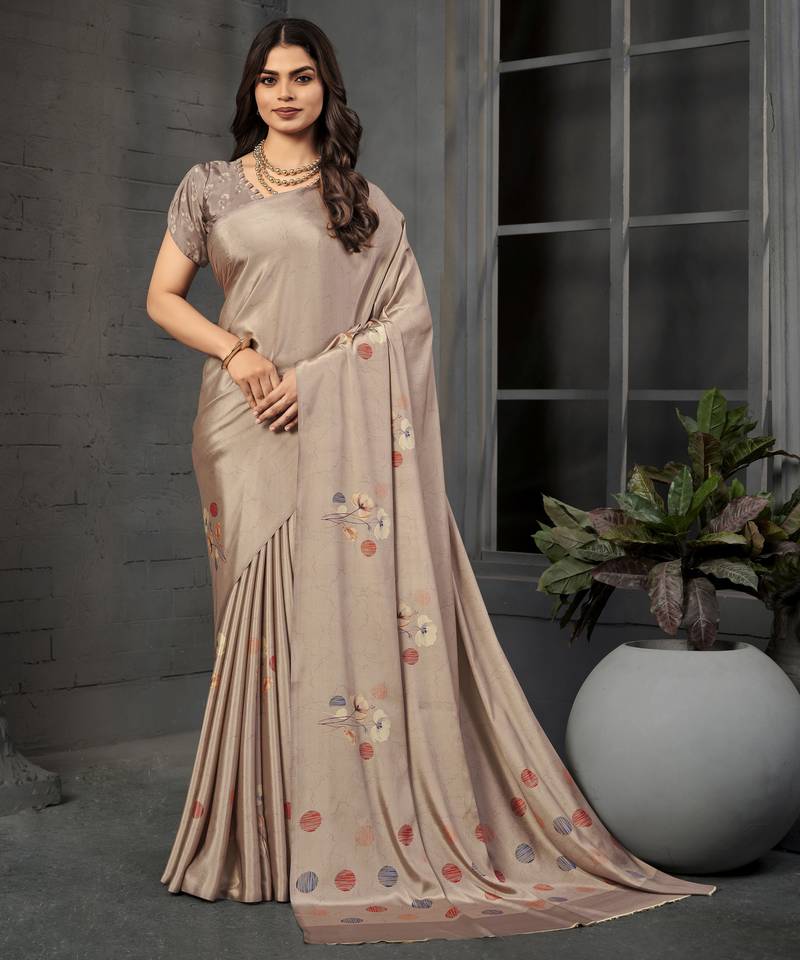 Grey color malai crepe silk fabric designer digital printed beautiful fancy partywear saree