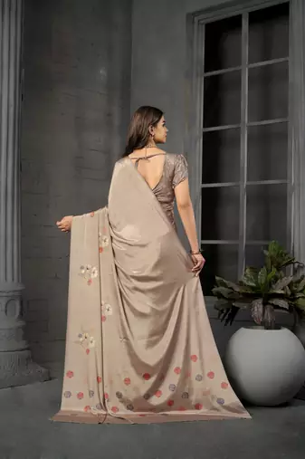 Grey malai crepe silk blend digital printed fancy partywear saree