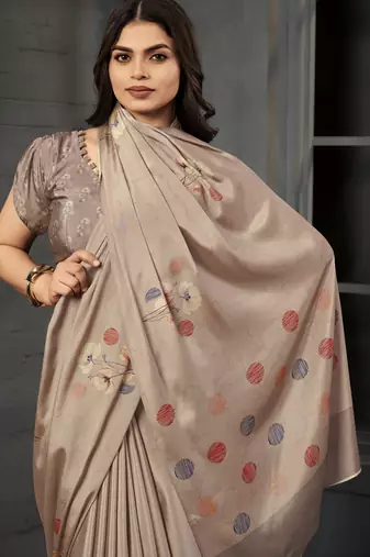 Grey malai crepe silk blend digital printed fancy partywear saree