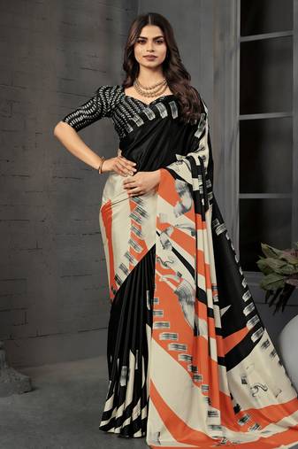 Black color malai crepe silk fabric designer digital printed beautiful fancy partywear saree