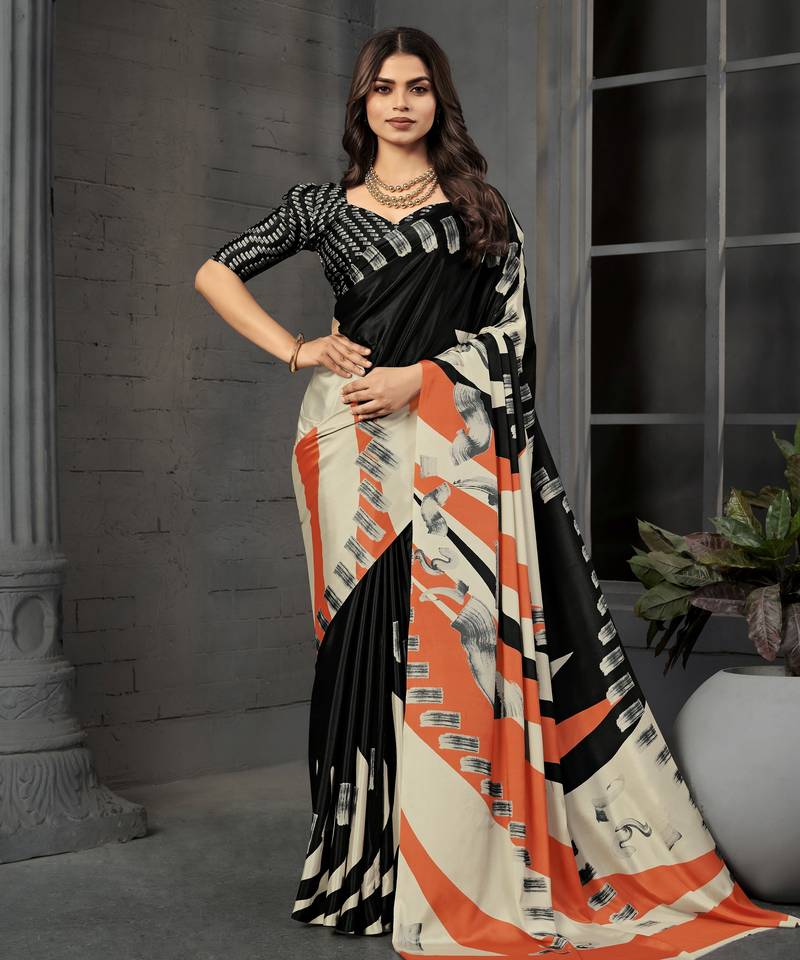 Black color malai crepe silk fabric designer digital printed beautiful fancy partywear saree