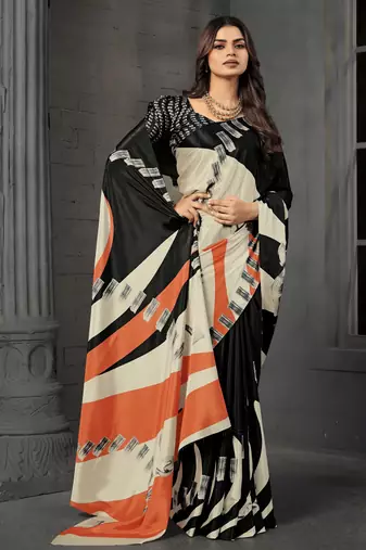 Black malai crepe silk blend digital printed fancy partywear saree